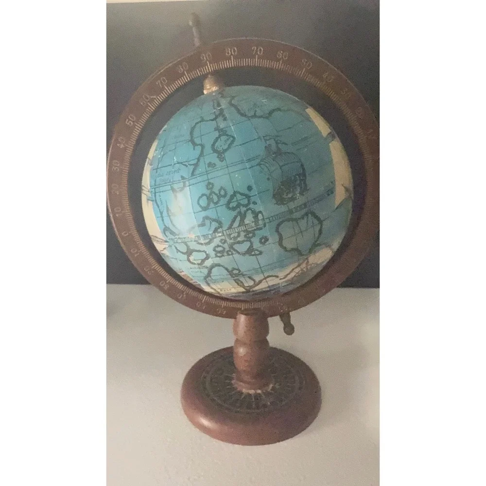 Vintage Nautical Desk Globe Wooden Base Tall Ship Illustration Copper Meridian